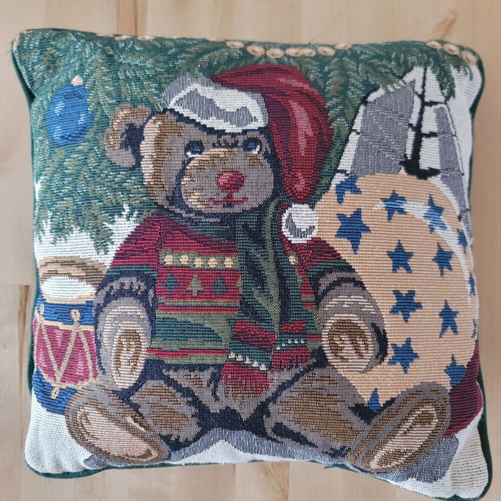 Christmas Teddy Bear Tapestry Pillow Square Green Accent Throw Pillow 12 X 12